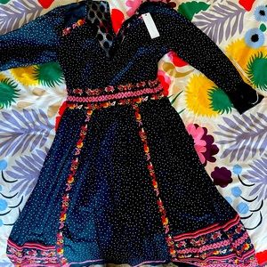 Navy polka dot bohemian 3/4 length sleeve with floral embroidery detail NWT